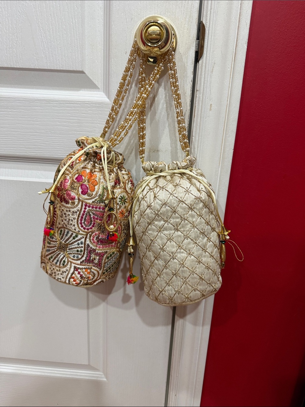 Embroidered Gold Beaded Potli Bag - Women's Evening Drawstring Purse